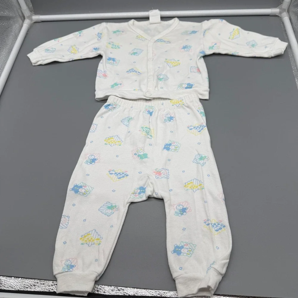Vintage 1987 WeeWear Oneita Baby Pajamas 6M Pastel Animal Print 2pc Set USA